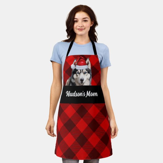 Rode Buffalo Plaid en Husky Dog Kerstmis Schort (Gedragen)