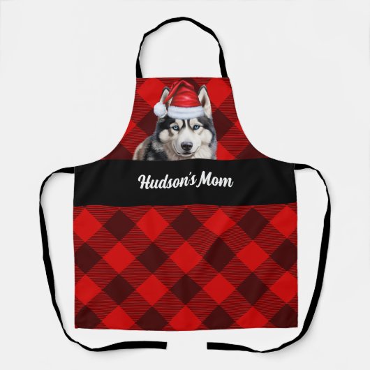 Rode Buffalo Plaid en Husky Dog Kerstmis Schort (Voorkant)