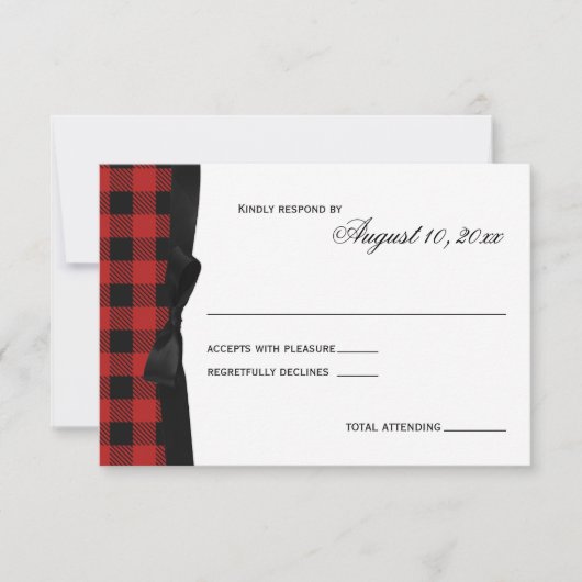 Rode Buffalo Plaid en Lint Reactie RSVP Kaartje (Voorkant)