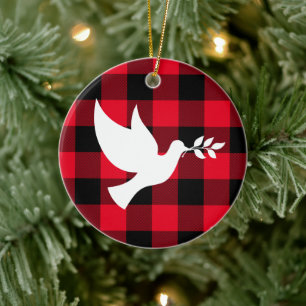 Rode Buffalo Plaid en Witte Vredesduif Keramisch Ornament