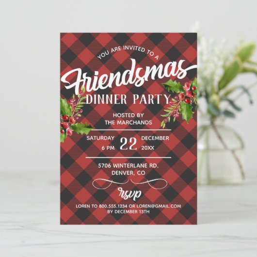 Rode Buffalo Plaid Friendsmas-feestuitnodiging Kaart (Staand voorkant)