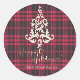 Rode Buffalo Plaid Kerstboom Gelukkigste Feestdage Ronde Sticker