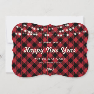 Rode Buffalo Plaid Slingerende Lichtjes Nieuwjaar Feestdagenkaart