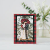 Rode Buffel Plaid Bruiloft Foto Vrolijk Kerstfeest Briefkaart (Staand voorkant)