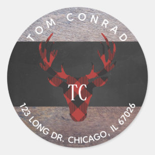 Rode Buffel Plaid Herten Hoofd Monogram Adreslabel Ronde Sticker