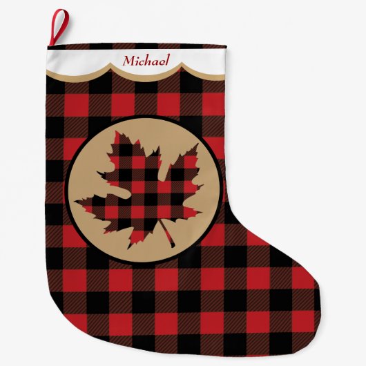 Rode Buffel Plaid Maple Leaf gepersonaliseerd Grote Kerstsok (Voorkant)
