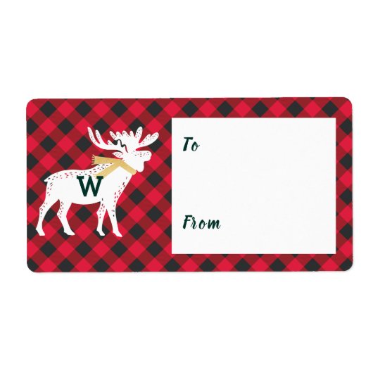 Rode Buffel Plaid Moose Monogram Kerst Etiket (Voorkant)