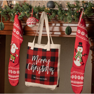 Rode Buffel Plaid & Vrolijk Kerstfeest Persoonlij Tote Bag