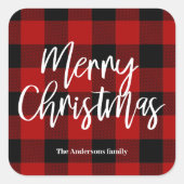 Rode Buffel Plaid & Vrolijk Kerstfeest |Persoonlij Vierkante Sticker (Voorkant)