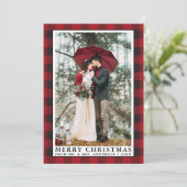 Rode Buffel Plaid Vrolijk Kerstmis Bruiloft Foto Feestdagenkaart (Staand voorkant)