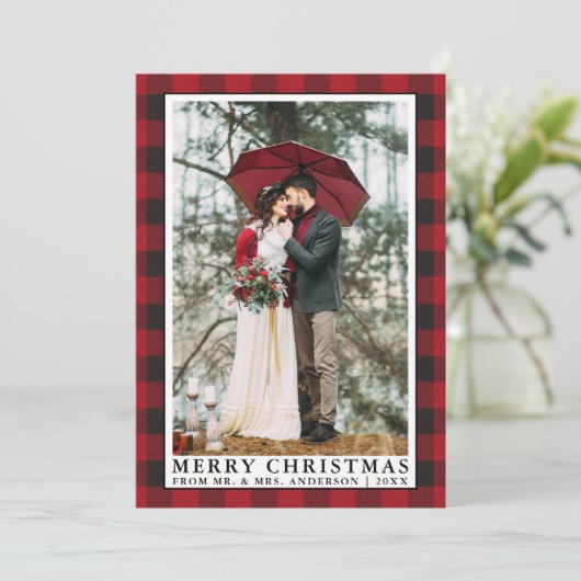 Rode Buffel Plaid Vrolijk Kerstmis Bruiloft Foto Feestdagenkaart (Staand voorkant)