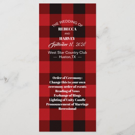 rode buffelplaid rustische winter bruiloft program programma (Voorkant)