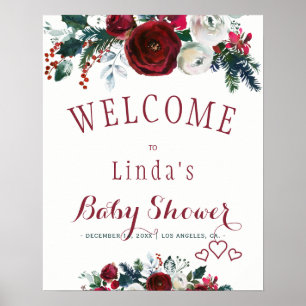 Rode burgundy aquarel winterboeket babyshower poster