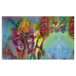 RODE BUTTERFLIES OP GEEL THISTLS, BLUE SKY Floral Stof