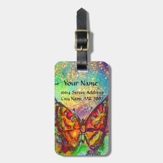 RODE BUTTERFLY BLUE GOLD YELLOW SPARKLES MONOGRAM BAGAGELABEL (Voorkant verticaal)