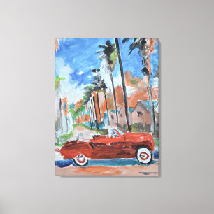 Rode Cabriolet Onder Palmboom Canvas Afdruk