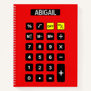 Rode calculator met naam notitieboek