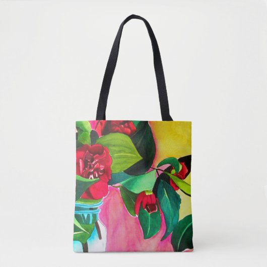 Rode Camellias met groen Draagtas (Voorkant)