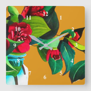 Rode Camellias waterverf originele florale kunst Vierkante Klok