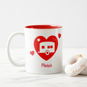 Rode camper en caravan eigenaar liefde hart tweekleurige koffiemok