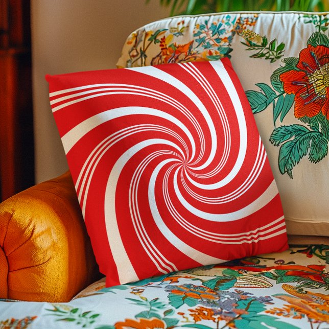 Rode Candy Cane Draai Kussen (Red Candy Cane Twirl Throw Pillow)