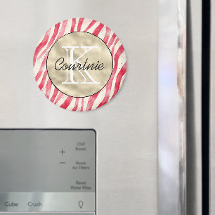 Rode Candy Cane Strepen Gouden Monogram Magneet