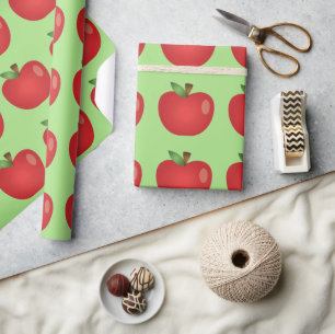 Rode Cartoonappel Op Groen Cadeaupapier