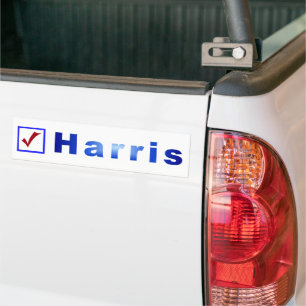 Rode check in blauwe doos voor Harris bumper stick Bumpersticker
