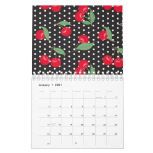 Rode Cherry Fruit Green Leaves Black White Stippen Kalender