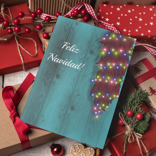 Rode Chile ristra op blauwe deur Kerstlichtjes Kaart