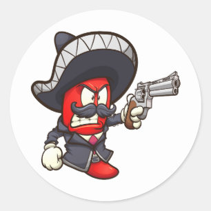 Rode chili peper met een mariachi outfit en een re ronde sticker