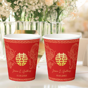 Rode Chinese bruiloft draak feniks thee ceremonie Papieren Bekers