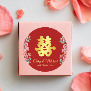 Rode Chinese bruiloft met dubbel geluk floral Ronde Sticker