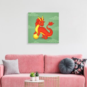 Rode Chinese Draak op Groen Canvas Afdruk