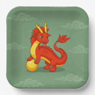 Rode Chinese Draak op Groen Papieren Bordje
