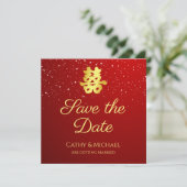 Rode Chinese trouwsneeuwvlok dubbel geluk Save The Date (Staand voorkant)