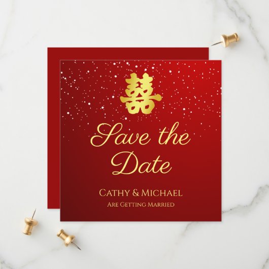 Rode Chinese trouwsneeuwvlok dubbel geluk Save The Date (Voorkant / Achterkant in situ)