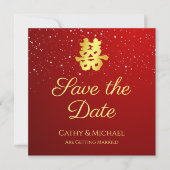 Rode Chinese trouwsneeuwvlok dubbel geluk Save The Date (Voorkant)