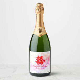 Rode Chinese trouwwaterverf kersenbloesem Sparkling Wijnetiket