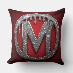 Rode Chrome Drip Letter M Monogram Glitter Embleem Kussen