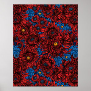 Rode chrysanthemum-bloemen en oranje kevers poster