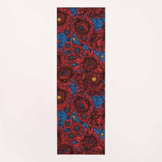 Rode chrysanthemum-bloemen en oranje kevers yogamat (Voorkant)