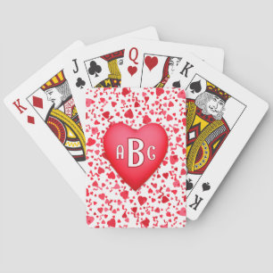 Rode confettiharten gepersonaliseerde initialen pokerkaarten