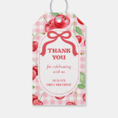 Rode Coquette Bow Cherry eerste verjaardagsfeestje Cadeaulabel (Achterkant)