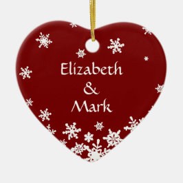 Rode Couple Naam Jaar Kerstmis Snowflake Heart Keramisch Ornament