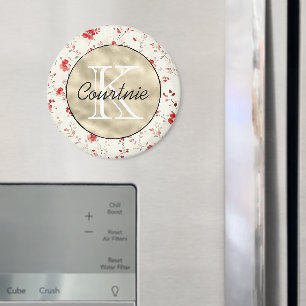 Rode Crème Bloem Gouden Monogram Magneet