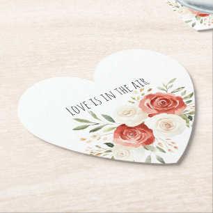 Rode Crème Rozen Bloemrijke Liefde Bruiloftsdouche Kartonnen Onderzetters