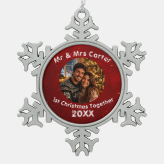 Rode Crimson 1e Kerstmis Samen Koppel Foto Tin Sneeuwvlok Ornament
