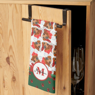 Rode Dachshund Patroon Monogram Kersthond Theedoek