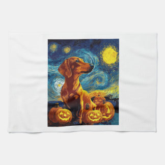 Rode Dachshund van gogh sterrenhemel halloween F Theedoek